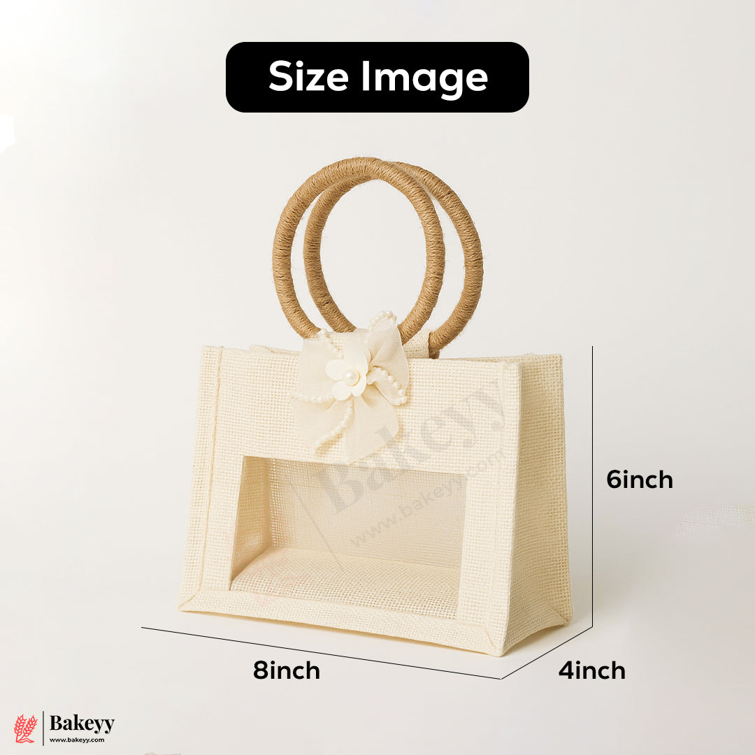 8x6x4 Inch Premium 2 Jar Jute Gift Bag with Transparent Window & Floral Accent – Pack Of 1