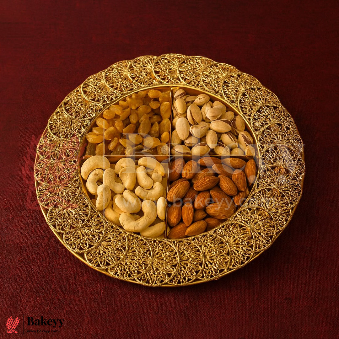 12 inch | Elegant Gold-Plated Round Serving Tray with Partition | Gold-Plated Round Metal Dry Fruit Tray