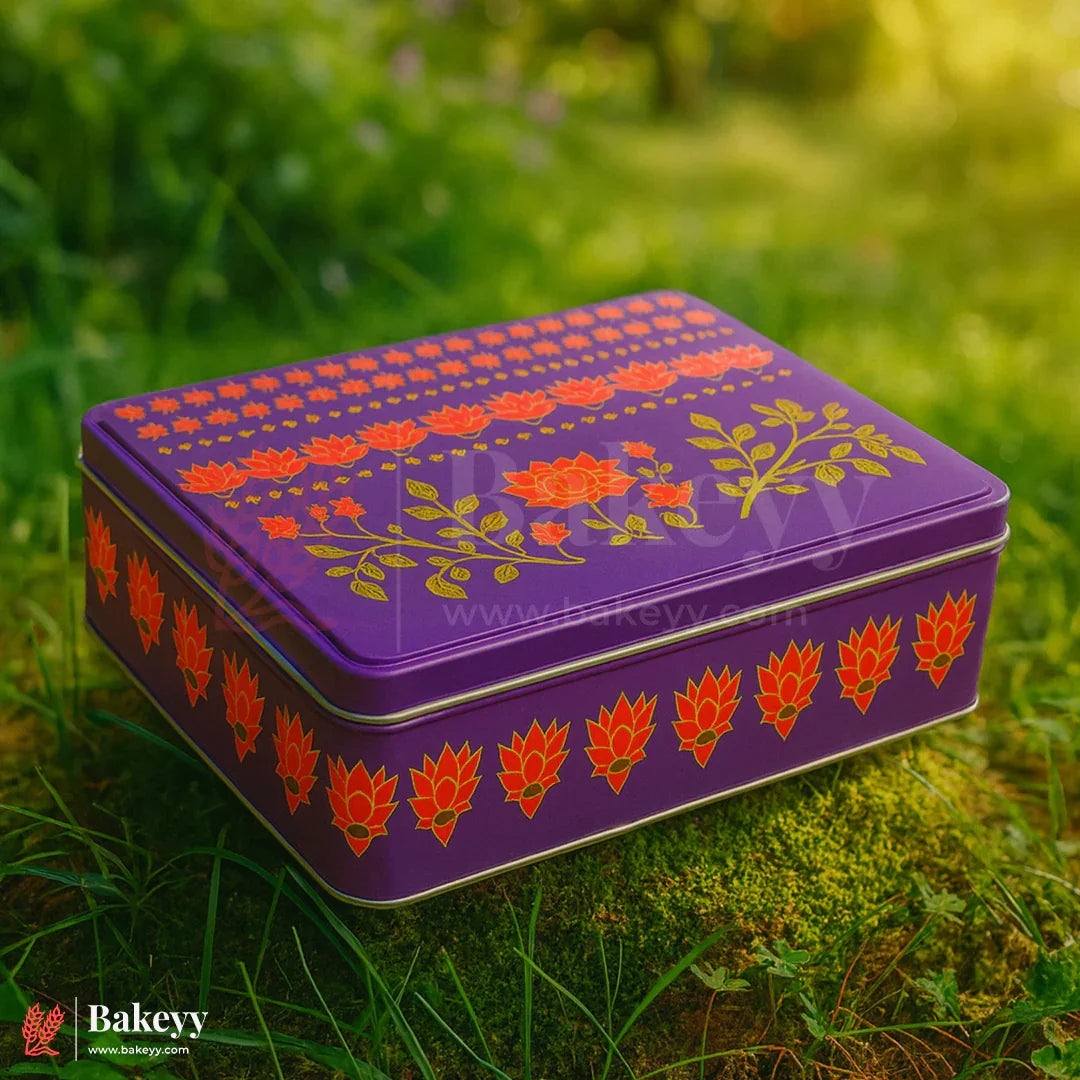 Premium Floral Printed Rectangle Tin Box | Purple With Floral Printed – 7x6x2 inch | Gift Box for Chocolates, Dry Fruits, Sweets| Pack Of 2