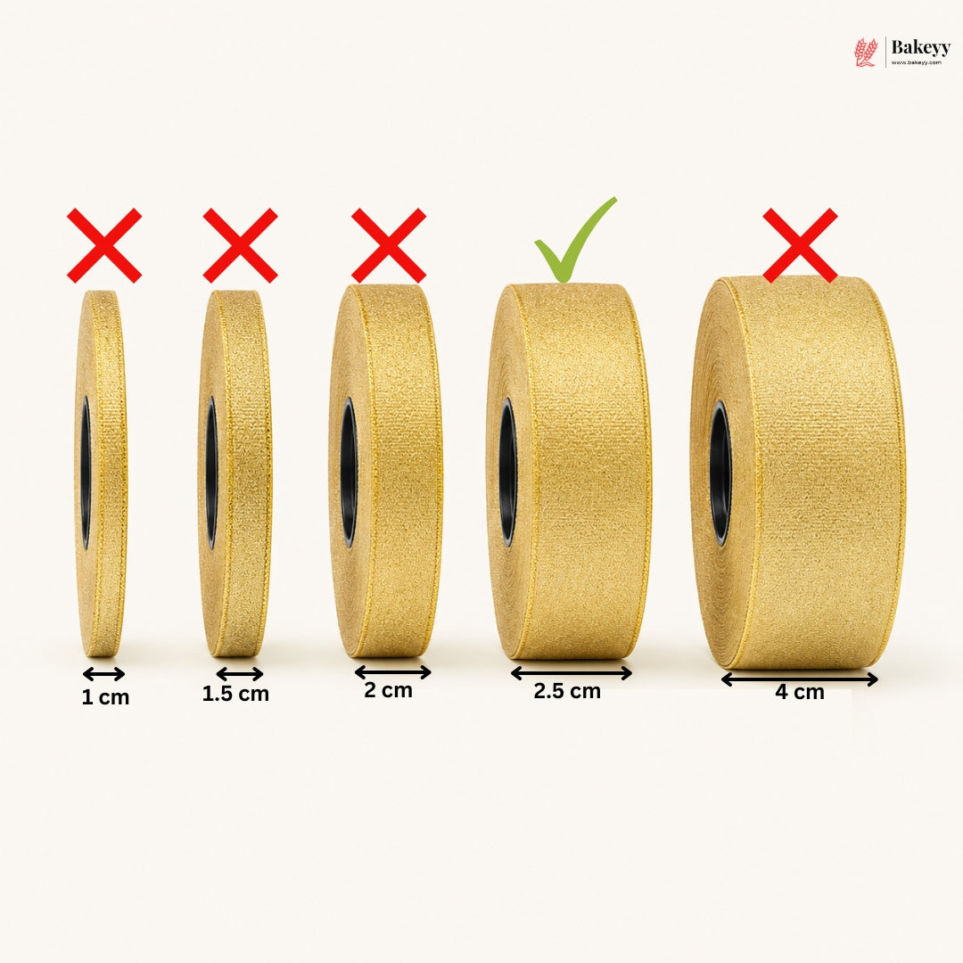 Gold ribbon rolls with dimensions labeled and correct roll highlighted.