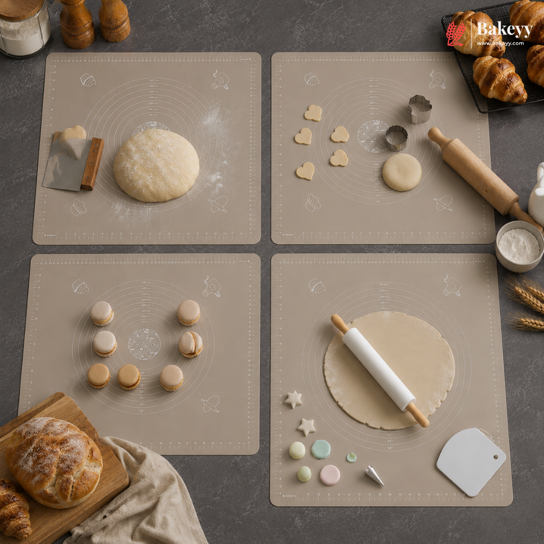 Baking mat set with various baking tools and ingredients on a gray surface, featuring the brand 'Bakey'.