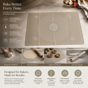 Baking mat with features and uses on a gray background