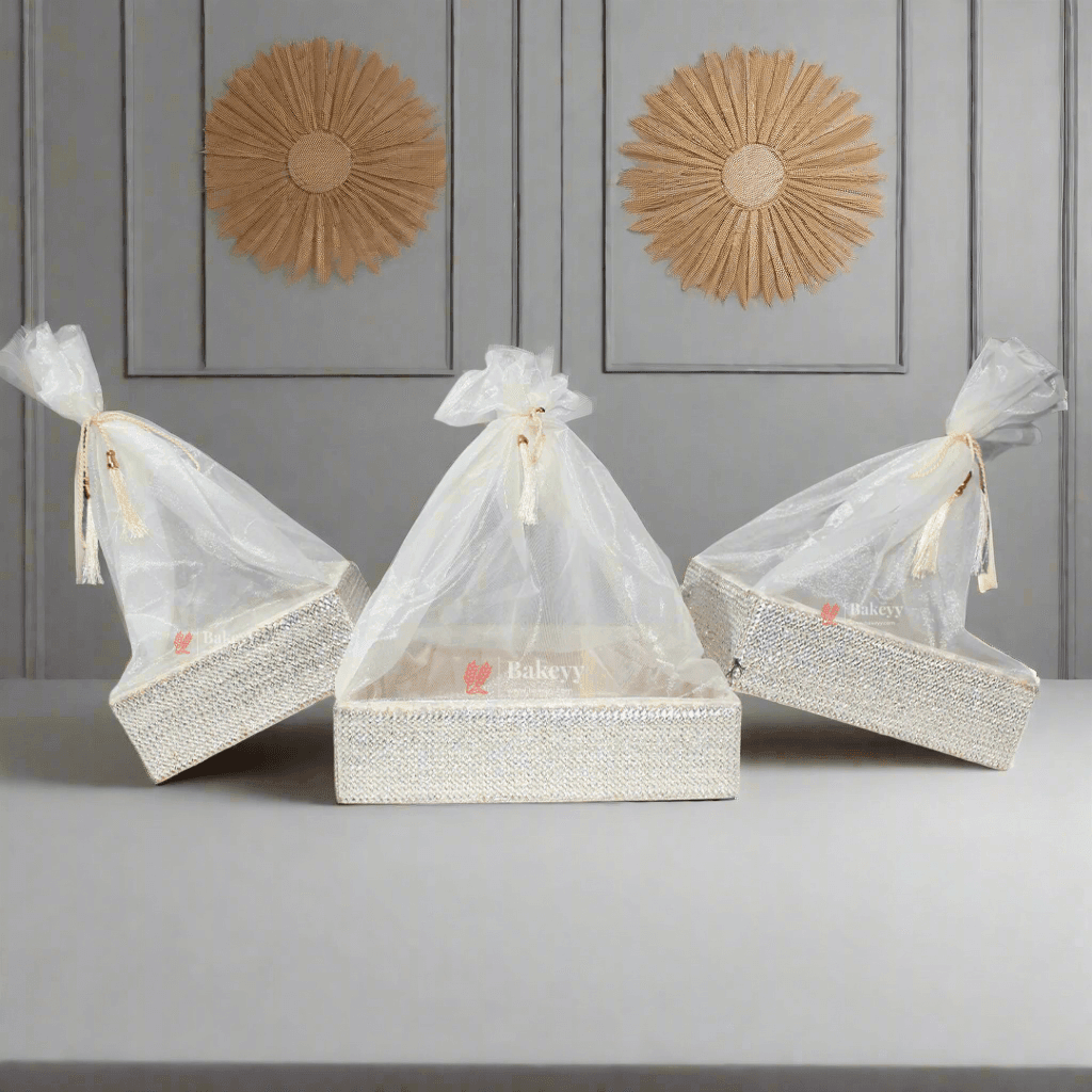 Silver Crystal Mesh Gifting Tray with Ivory Net Cover and Tassel Accents | Luxury Hamper for Special Occasions - Bakeyy.com - India - Silver Crystal Mesh Gifting Tray with Ivory Net Cover and Tassel Accents | Luxury Hamper for Special Occasions - Small - 8 Inches