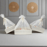 Silver Crystal Mesh Gifting Tray with Ivory Net Cover and Tassel Accents | Luxury Hamper for Special Occasions - Bakeyy.com - India - Silver Crystal Mesh Gifting Tray with Ivory Net Cover and Tassel Accents | Luxury Hamper for Special Occasions - Small - 8 Inches