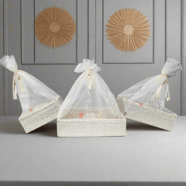 Silver Crystal Mesh Gifting Tray with Ivory Net Cover and Tassel Accents | Luxury Hamper for Special Occasions - Bakeyy.com - India - Silver Crystal Mesh Gifting Tray with Ivory Net Cover and Tassel Accents | Luxury Hamper for Special Occasions - Small - 8 Inches