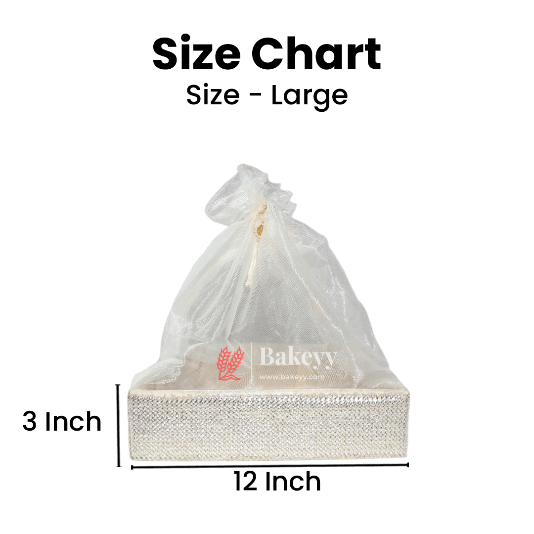 Silver Crystal Mesh Gifting Tray with Ivory Net Cover and Tassel Accents | Luxury Hamper for Special Occasions - Bakeyy.com - India - Silver Crystal Mesh Gifting Tray with Ivory Net Cover and Tassel Accents | Luxury Hamper for Special Occasions - Large - 12 Inches