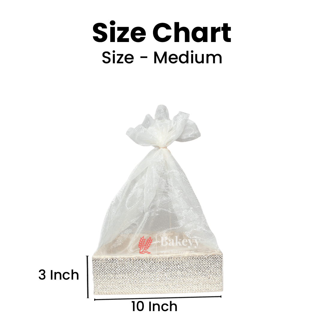 Silver Crystal Mesh Gifting Tray with Ivory Net Cover and Tassel Accents | Luxury Hamper for Special Occasions - Bakeyy.com - India - Silver Crystal Mesh Gifting Tray with Ivory Net Cover and Tassel Accents | Luxury Hamper for Special Occasions - Medium - 10 Inches