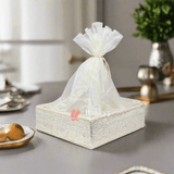 Silver Crystal Mesh Gifting Tray with Ivory Net Cover and Tassel Accents | Luxury Hamper for Special Occasions - Bakeyy.com - India - Silver Crystal Mesh Gifting Tray with Ivory Net Cover and Tassel Accents | Luxury Hamper for Special Occasions - Small - 8 Inches