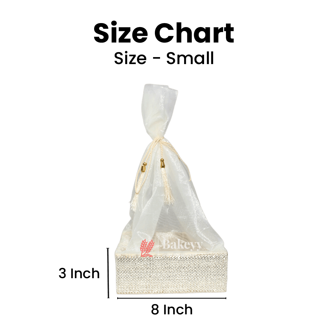 Silver Crystal Mesh Gifting Tray with Ivory Net Cover and Tassel Accents | Luxury Hamper for Special Occasions - Bakeyy.com - India - Silver Crystal Mesh Gifting Tray with Ivory Net Cover and Tassel Accents | Luxury Hamper for Special Occasions - Small - 8 Inches