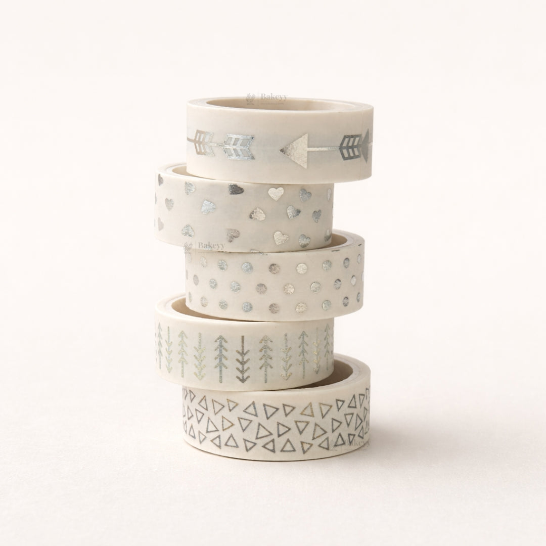 Silver Foil Decorative Washi Tape Set | Cake Decoration | 5 Pieces per Pack | Pack of 1