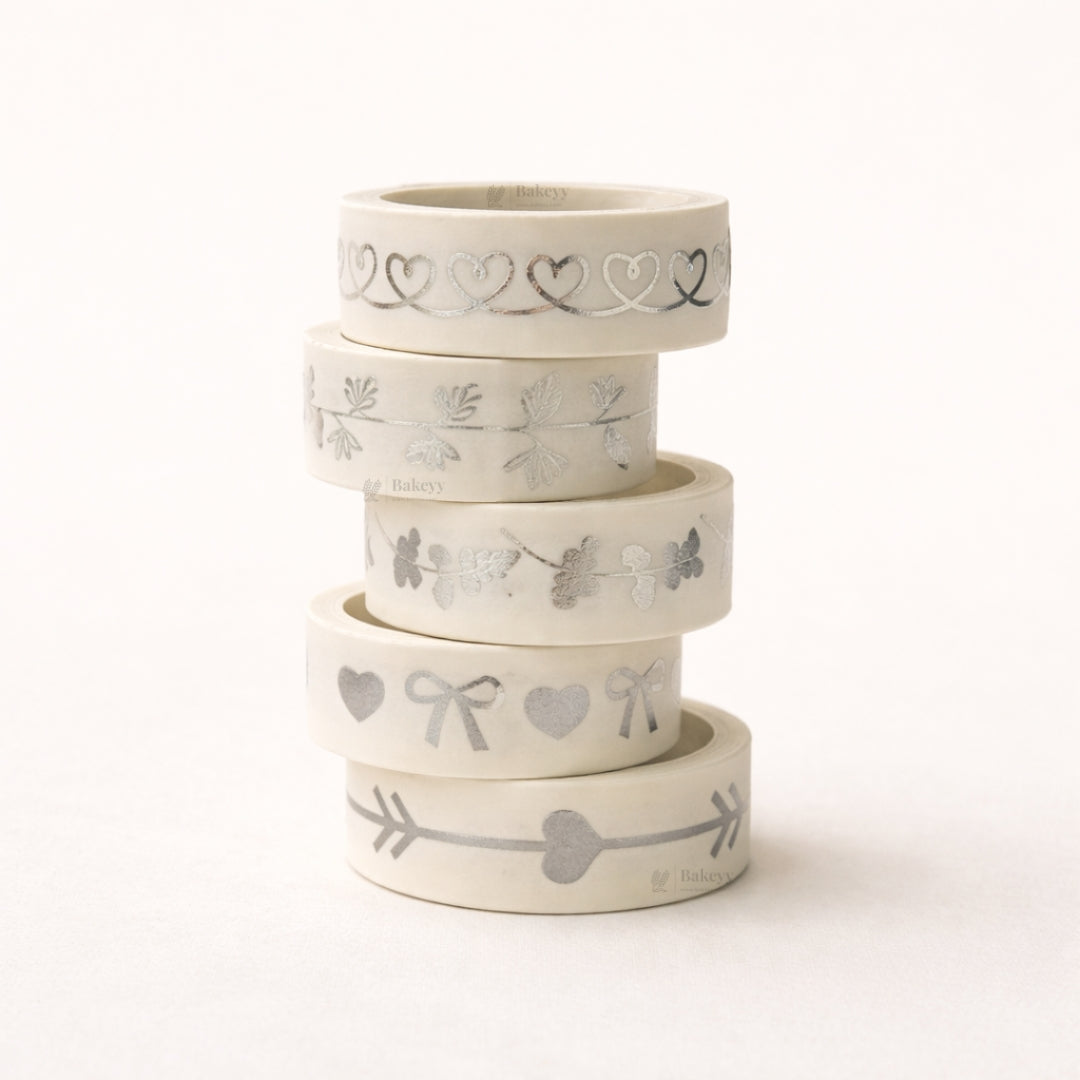 Silver Foil Decorative Washi Tape Set | Cake Decoration | 5 Pieces per Pack | Pack of 1