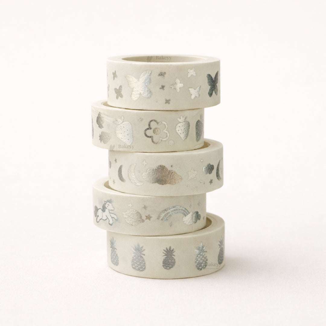Silver Foil Decorative Washi Tape Set | Cake Decoration | 5 Pieces per Pack | Pack of 1