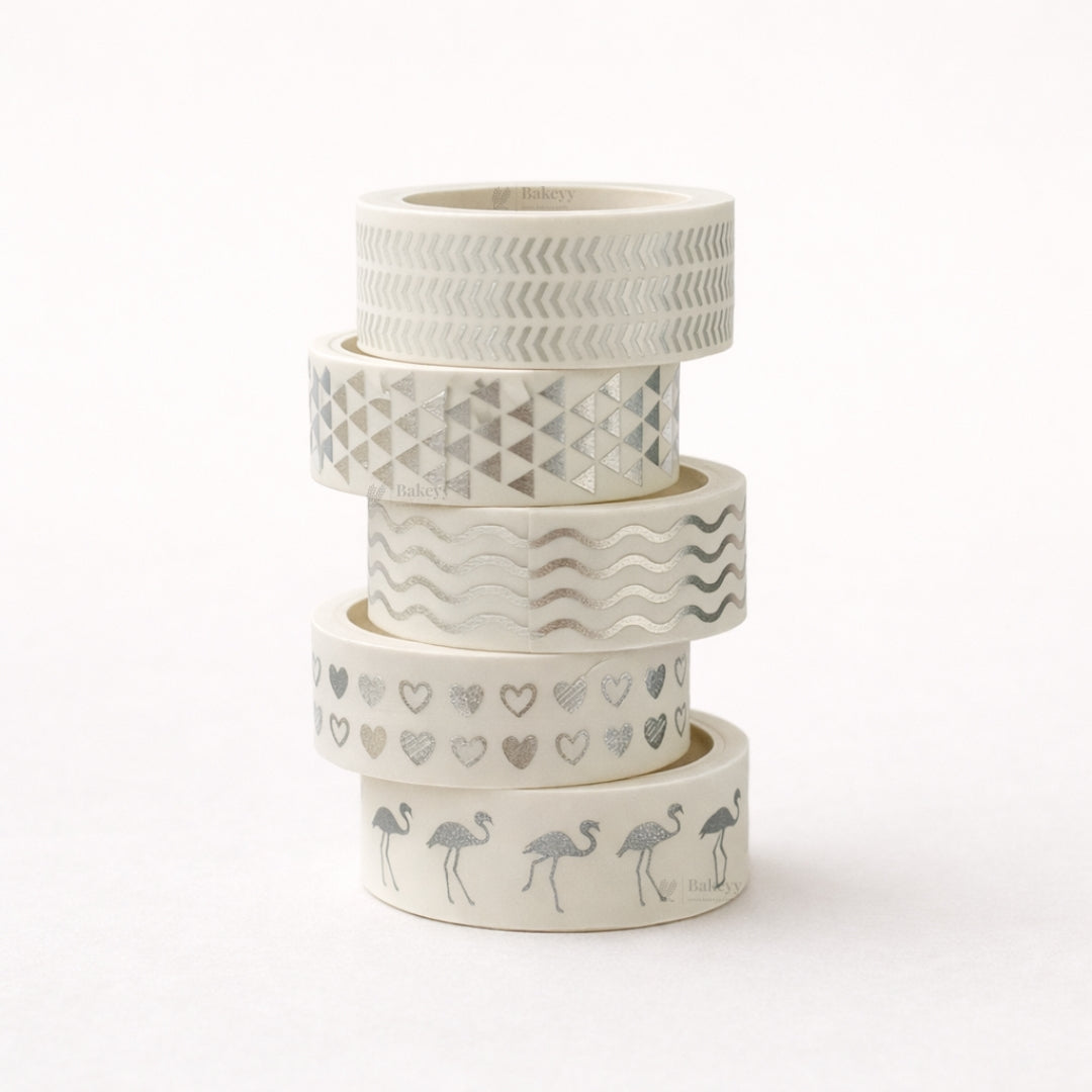 Silver Foil Decorative Washi Tape Set | Cake Decoration | 5 Pieces per Pack | Pack of 1