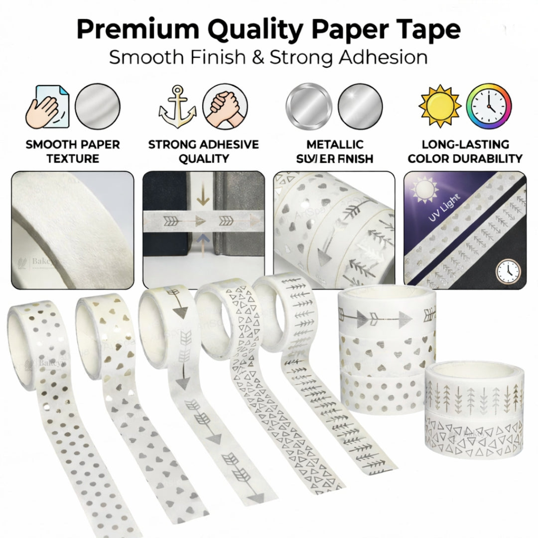 Silver Foil Decorative Washi Tape Set | Cake Decoration | 5 Pieces per Pack | Pack of 1
