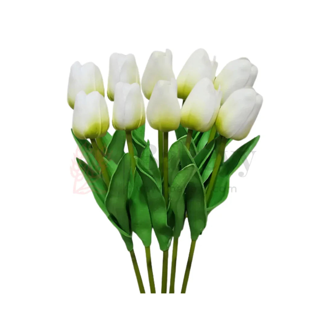 Tulip Flower Sticks | White with Green Shade | Artificial Floral Stems for Decoration Real Touch Feel - 10 Pieces