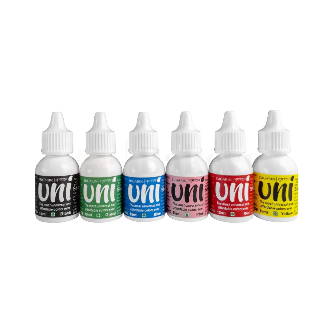 Sugarin UNI Combo Food Colour Set – 6 Shades (15ml Each) Black, Green, Blue, Pink, Red, Yellow | All-in-One Edible Gel Colour - 90ml