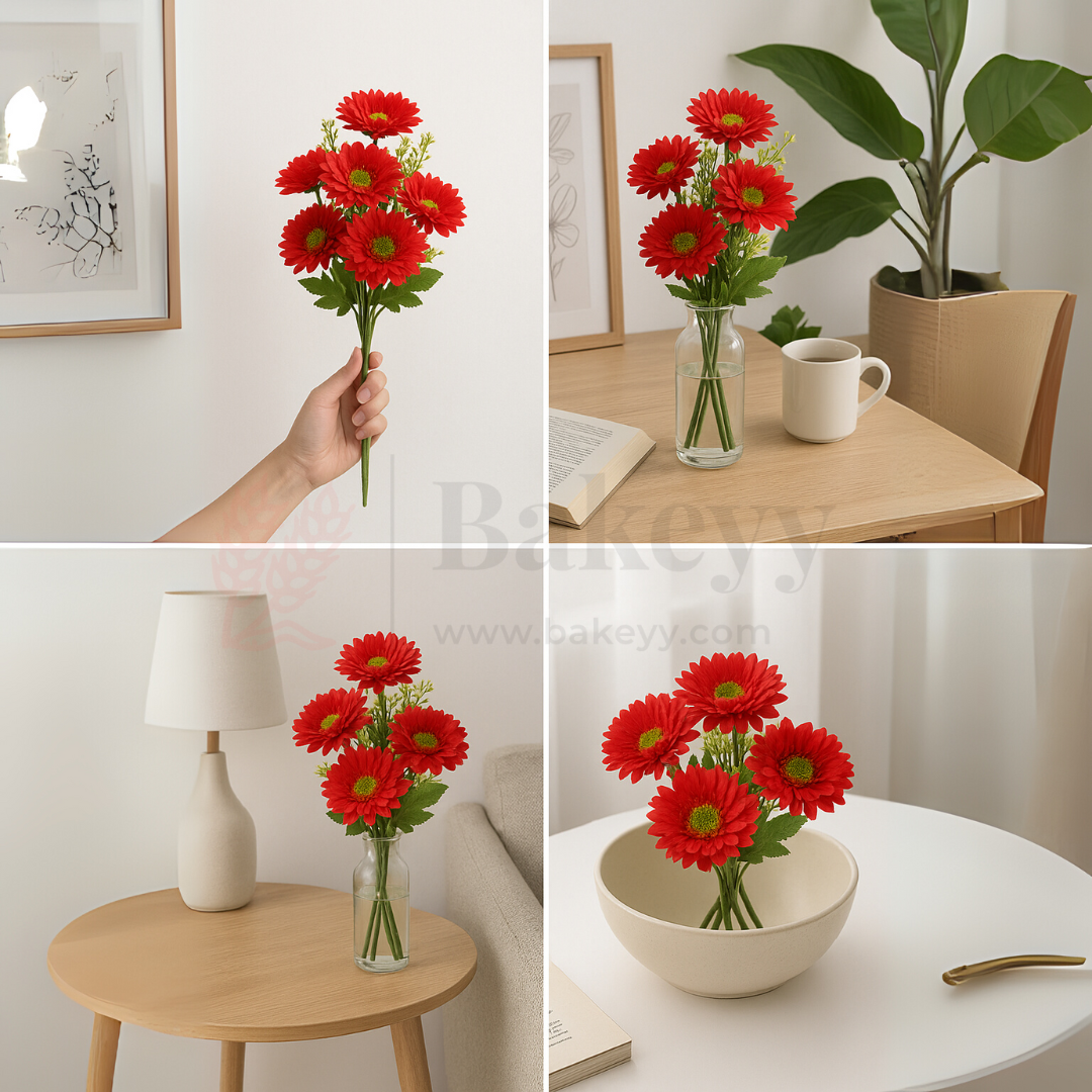 Artificial Red Daisy Flower Bunch – 48cm | Faux Floral Bouquet for Vase, Gifting & Home Decor | Pack of 1