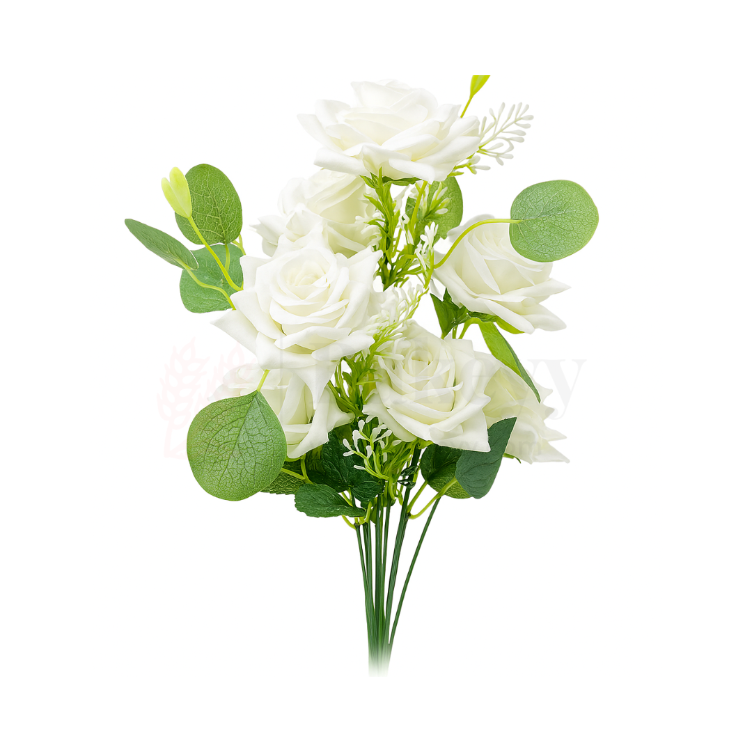 Artificial White Bloomed Rose Flower Bouquet - 40cm | Elegant Faux Floral Bunch for Home Decor, Vase Styling & Events - Pack of 1