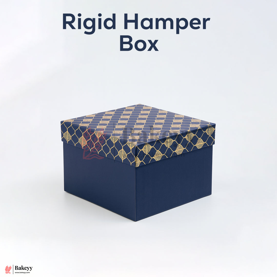 6x6x4 inch (15x15x10 cm) | Premium Rigid Hamper Box | Blue with Golden Leaf Print – Small Size