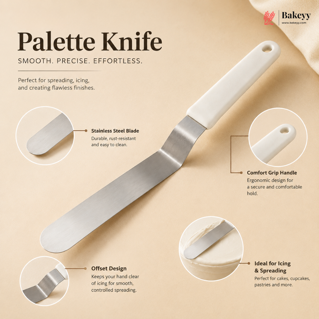 Palette knife with features highlighted on a beige background, featuring the Bakey brand.