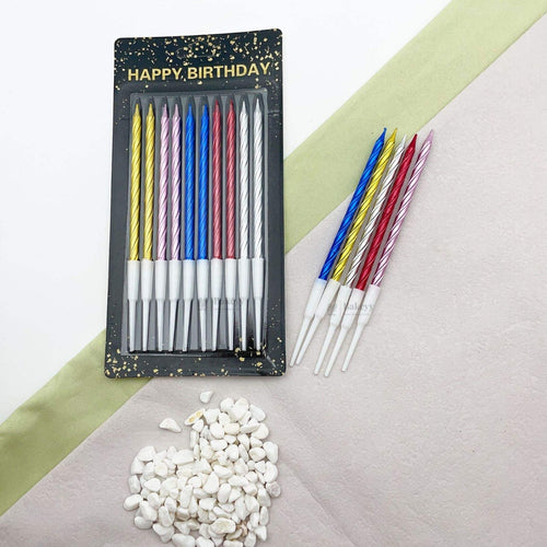 Twisted Metallic Birthday Cake Candles | Multiple Colors Available | Cake Candles with Holders | 10 Candles per Pack | Pack of 1