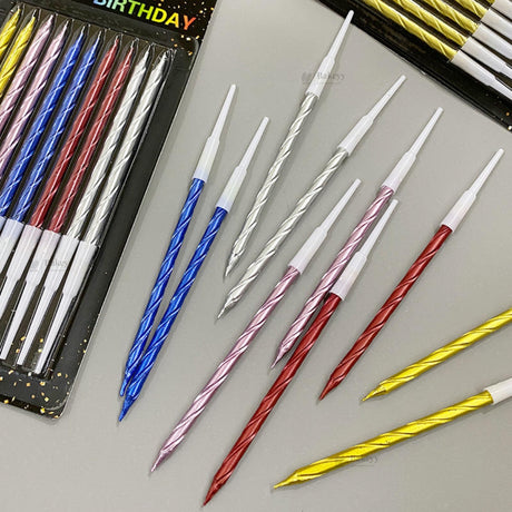 Twisted Metallic Birthday Cake Candles | Multiple Colors Available | Cake Candles with Holders | 10 Candles per Pack | Pack of 1