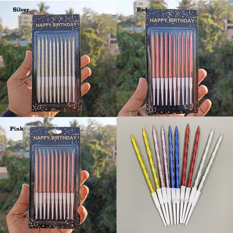 Twisted Metallic Birthday Cake Candles | Multiple Colors Available | Cake Candles with Holders | 10 Candles per Pack | Pack of 1