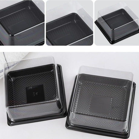 Square Dessert Box with Clear Dome Lid | Black Base Mini Cake & Pastry Packaging Box | Pack of 50