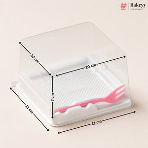 A clear plastic food storage container with a white base tray and a pink plastic fork, shown with black dimension arrows and labels indicating 10 cm width, 11 cm depth, and 7 cm height on a light beige background.