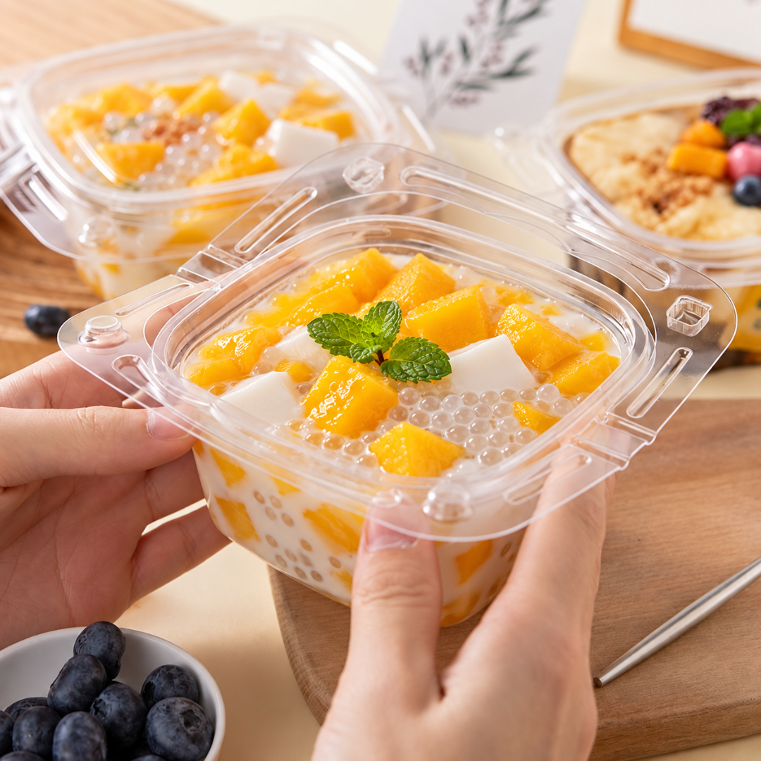 A close-up of a hand holding a clear plastic cup of dessert with mango chunks, white dessert pieces, tapio pearls, and a mint leaf on top. Another similar dessert container is blurred in the background on a wooden surface.