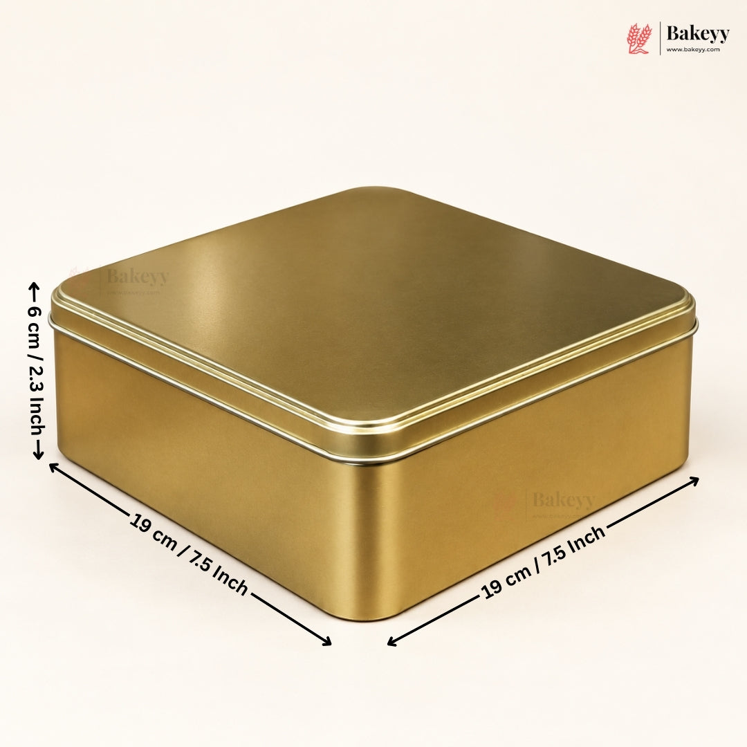 A square metallic gold tin container with dimension arrows and labels showing 19 cm by 19 cm by 6 cm, on a light beige background with a Bakeey logo in the top right.