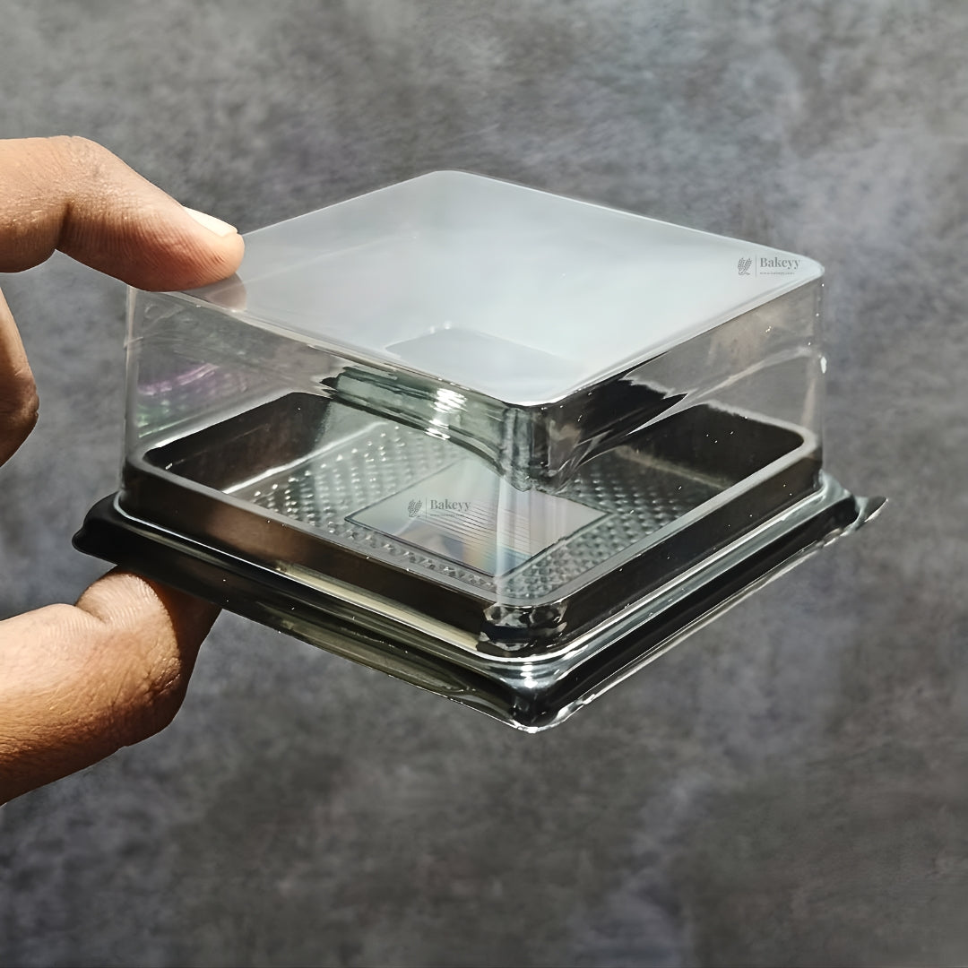 Square Dessert Box with Clear Dome Lid | Black Base Mini Cake & Pastry Packaging Box | Pack of 50