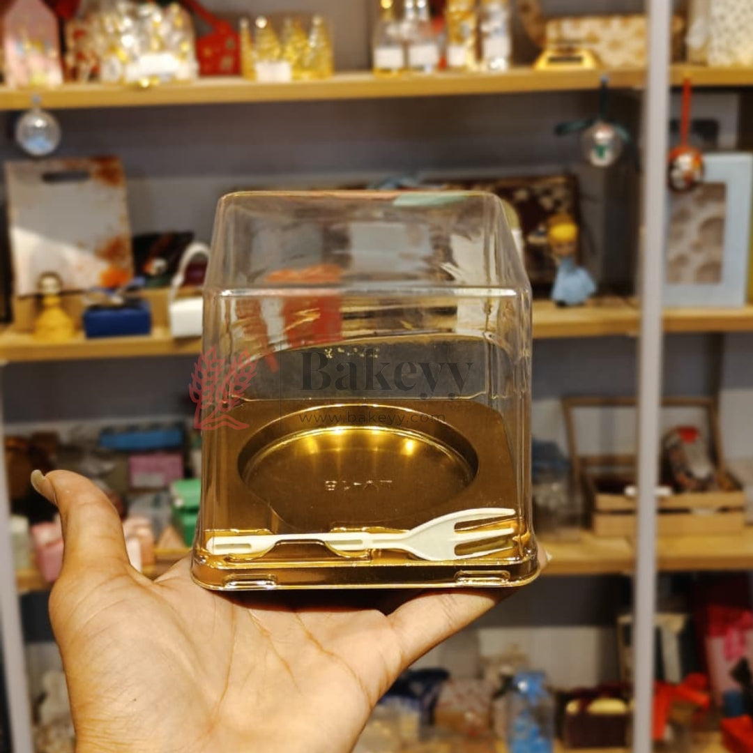 Square Mini Cake Box with Dome Lid & Fork | Clear Lid with Gold Base | Pack of 50