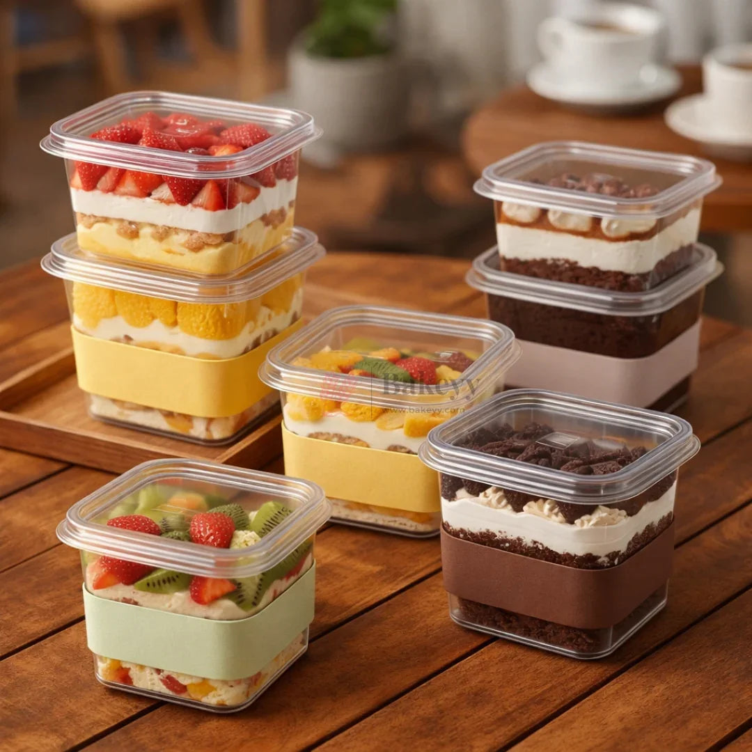 Premium food-safe PET plastic with clear visibility.
Secure lid for leak prevention and freshness.
Lightweight, sturdy, and stackable.
Ideal for desserts, salads, snacks, and dry storage.
Suitable for bakeries, cafés, takeaways, and home kitchens.