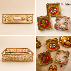 A 2x2 collage showing gold-toned decorative trays and coasters with ornate cutout patterns and printed animal motifs, including a tiger, peacock, and elephant, on a warm beige background. The Bakeey logo appears in the top right.