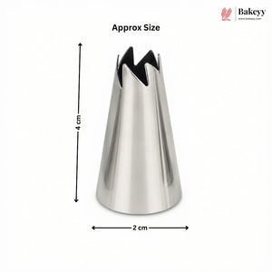 A stainless steel pastry piping tip shown on a white background with dimension arrows indicating an approximate height of 4 cm and opening width of 2 cm. The Bakeey logo appears in the top right corner.