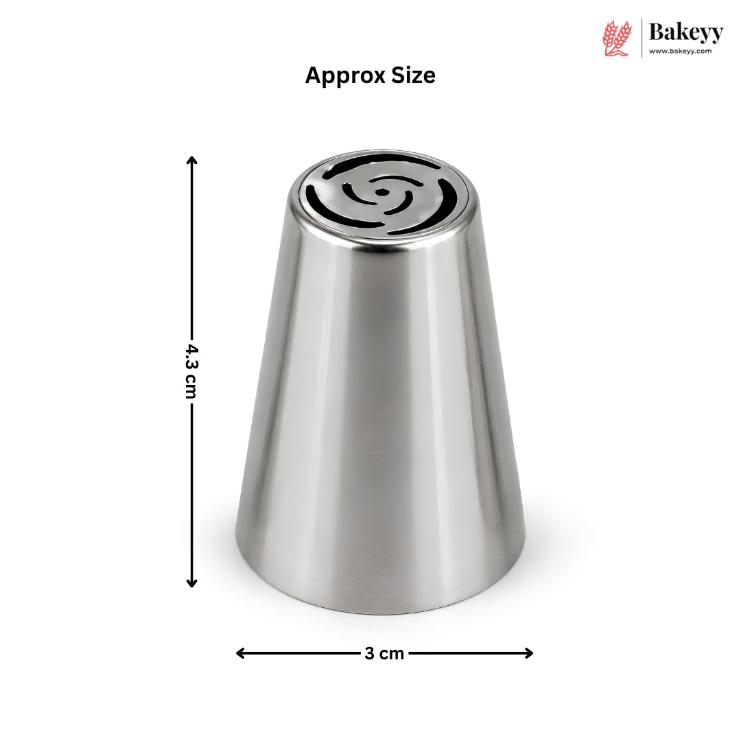 A stainless steel conical pastry piping tip with a swirl pattern on the nozzle, shown with dimension lines indicating an approximate height of 4.3 cm and opening width of 3 cm.