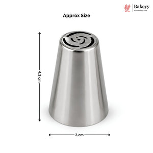 A stainless steel conical pastry piping tip with a swirl pattern on the nozzle, shown with dimension lines indicating an approximate height of 4.3 cm and opening width of 3 cm.