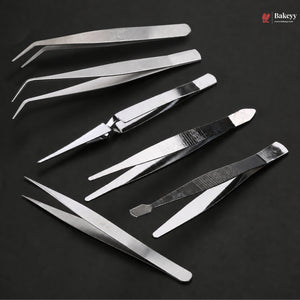 Set of metal tweezers on a dark background with 'Bakey' branding.