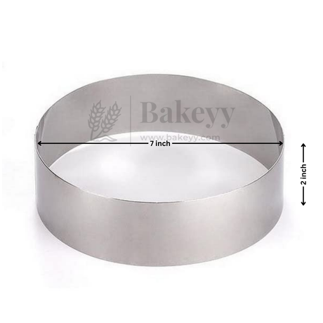 Metal baking ring with 'Bakeyy' branding and measurements on a white background