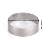 Metal cake ring with dimensions and 'Bakeyy' branding on a white background