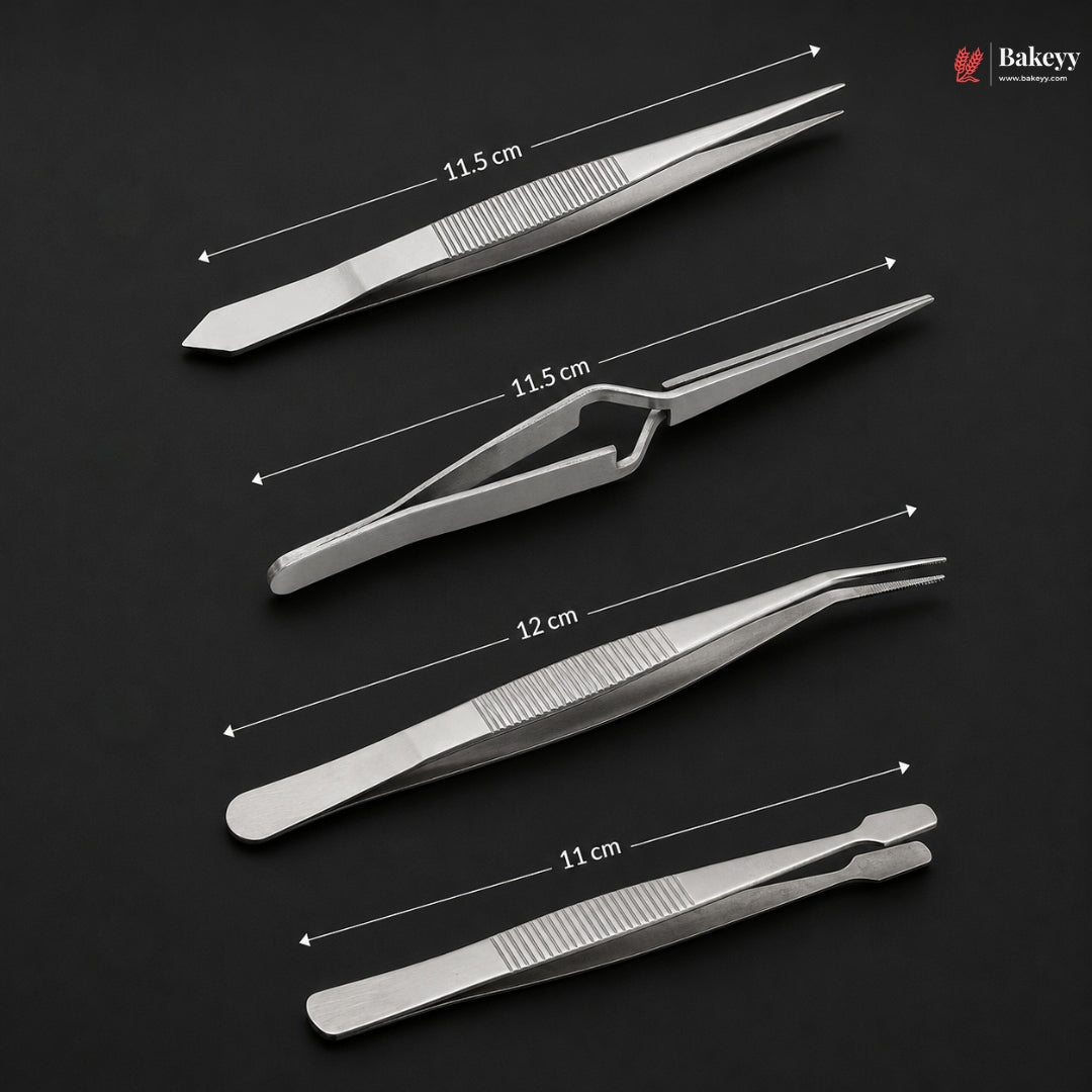 Set of tweezers with measurements on a black background, featuring the Bakey brand.