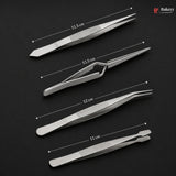 Set of tweezers with measurements on a black background, featuring the Bakey brand.
