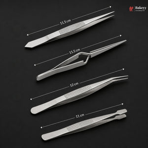 Set of tweezers with measurements on a black background, featuring the Bakey brand.
