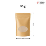 A 50 g kraft paper stand-up pouch with a die-cut oval window, shown with dimension markings of 11 cm width and 35 cm height on a white background, with the Bakeey brand logo in the top right.
