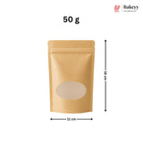 A 50 g kraft paper stand-up pouch with a die-cut oval window, shown with dimension markings of 11 cm width and 35 cm height on a white background, with the Bakeey brand logo in the top right.