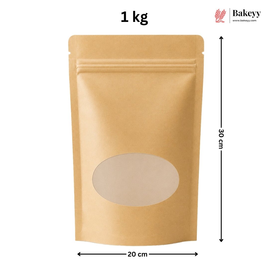 A kraft paper stand-up pouch with a die-cut window on the front, shown with dimension labels indicating 30 cm height and 20 cm width, plus a 1 kg text label and a Bakeey logo in the top right.