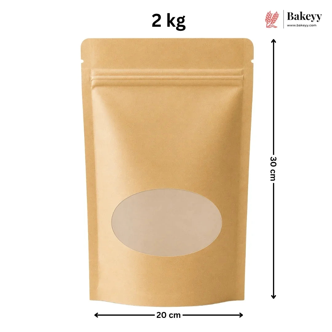 A kraft paper stand-up pouch with a die-cut top and an oval window on the front, shown with dimension labels indicating 20 cm width and 30 cm height, plus a 2 kg text label and a Bakeey logo in the top right.