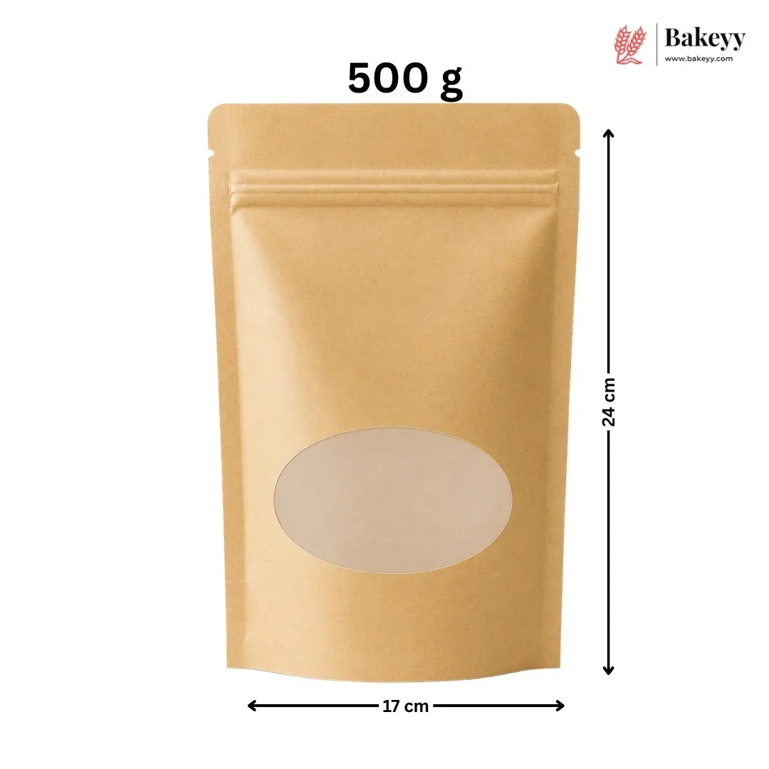 A 500 g kraft paper stand-up pouch with a die-cut window, shown with dimension markings of 24 cm height, 17 cm width, and 500 g weight on a white background. The Bakeey logo is visible in the top right corner.