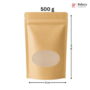 A 500 g kraft paper stand-up pouch with a die-cut window, shown with dimension markings of 24 cm height, 17 cm width, and 500 g weight on a white background. The Bakeey logo is visible in the top right corner.